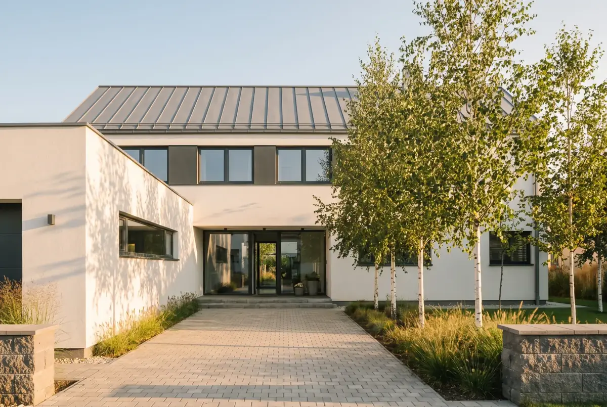 Casă modernă nou construită, fotografiată la apus