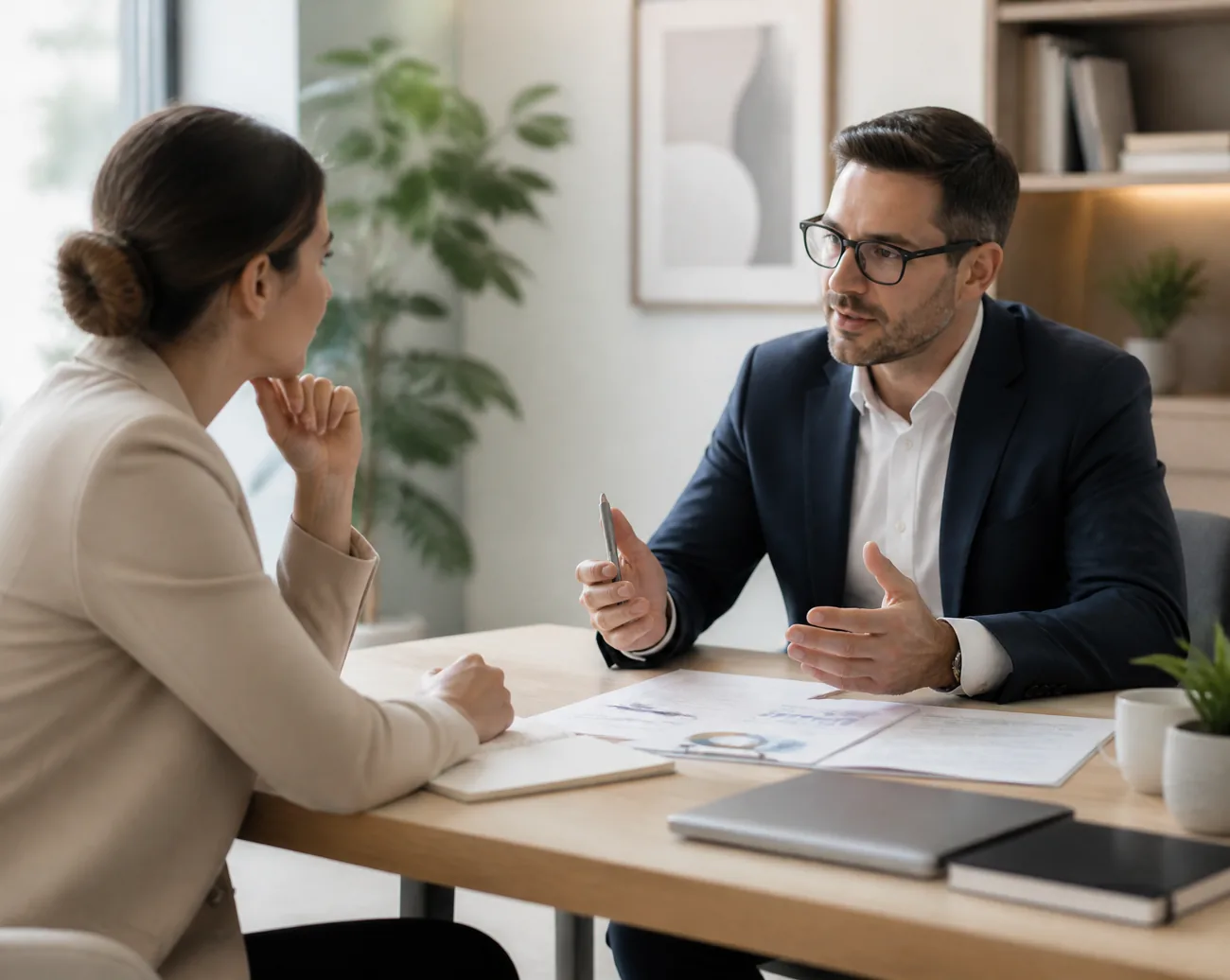 Consultant financiar explicând documente unui client la birou