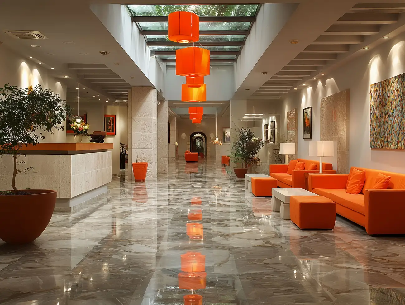 Recepția unui hotel cu lumină caldă și un recepționer în spatele tejghelei