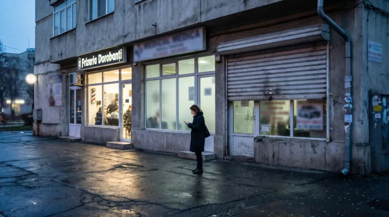 Trotuar de cartier cu vitrinele mai multor firme mici, iar o trecătoare se uită în telefon în fața lor