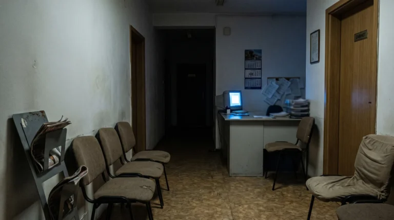 Sala de așteptare goală a unui cabinet, seara, luminată doar de ecranul aprins de la recepție